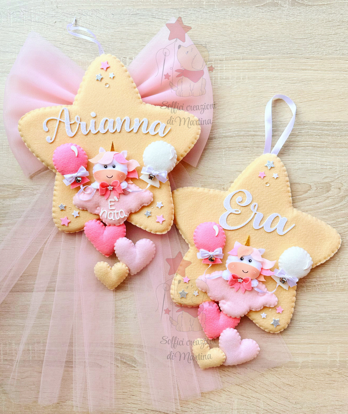 Fiocco stella gialla con unicorno