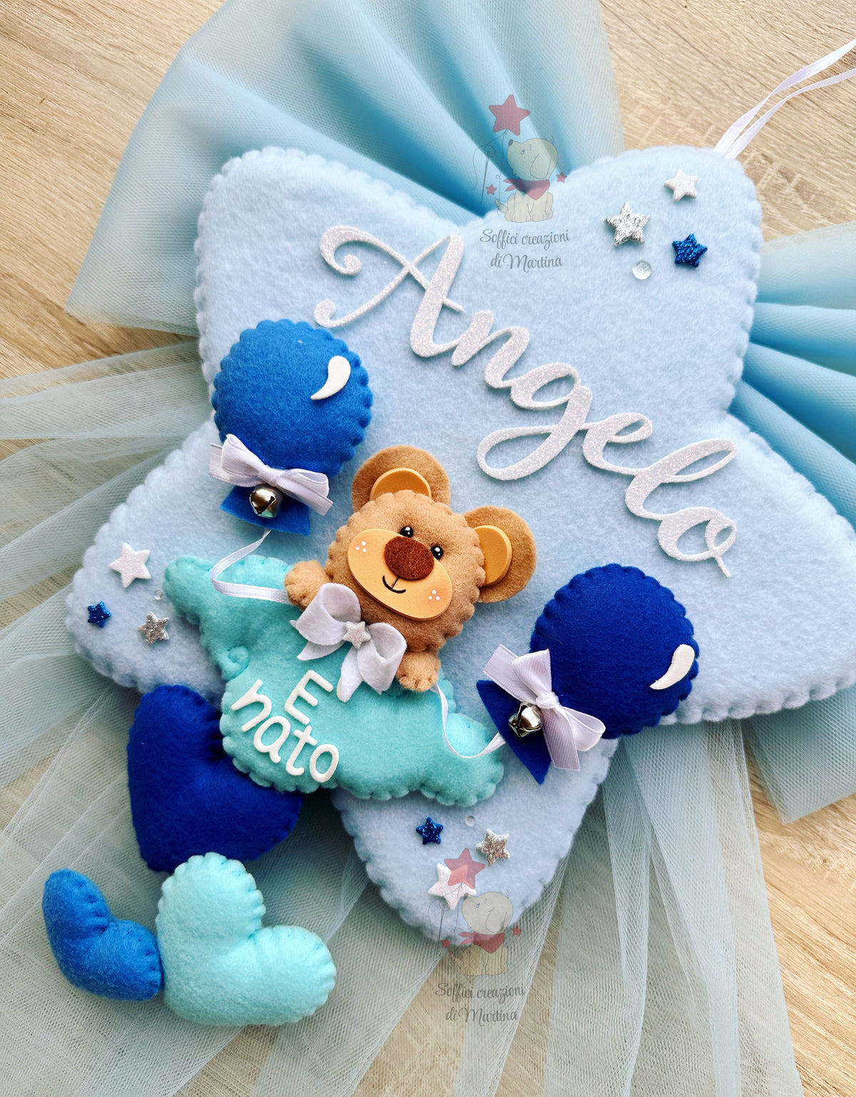 Fiocco nascita stella azzurra con tulle con orsetto
