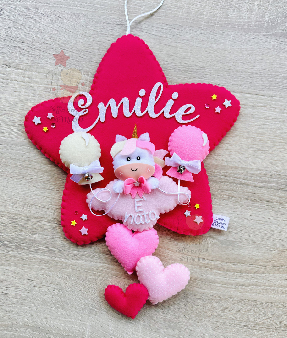 Fiocco nascita stella fuxia con unicorno