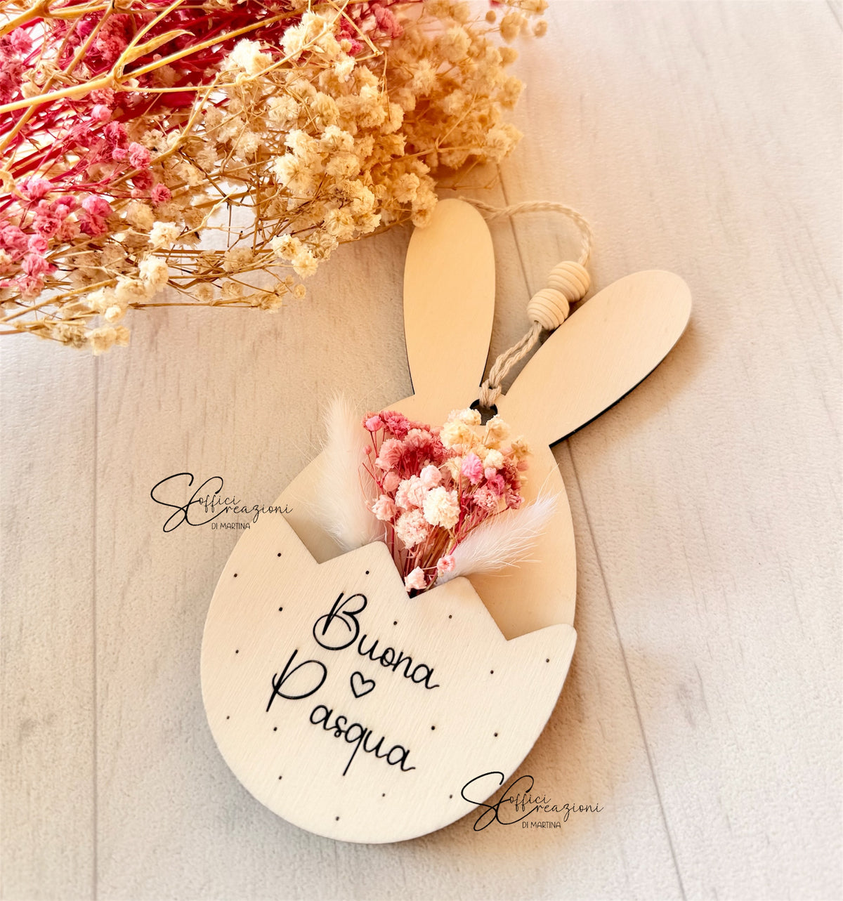 Decorazione Pasqua coniglietto con fiori essiccati