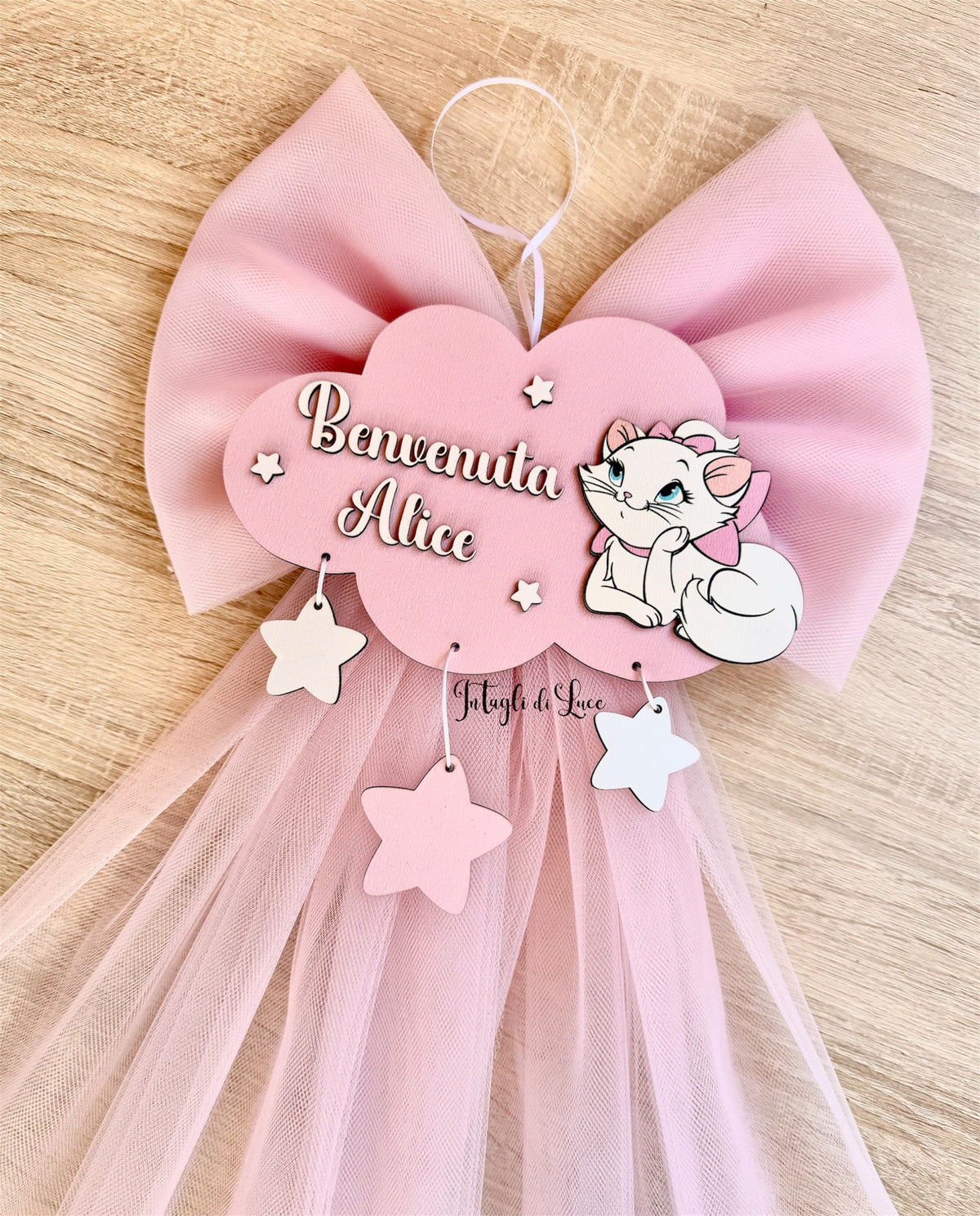 Fiocco nascita in legno minou