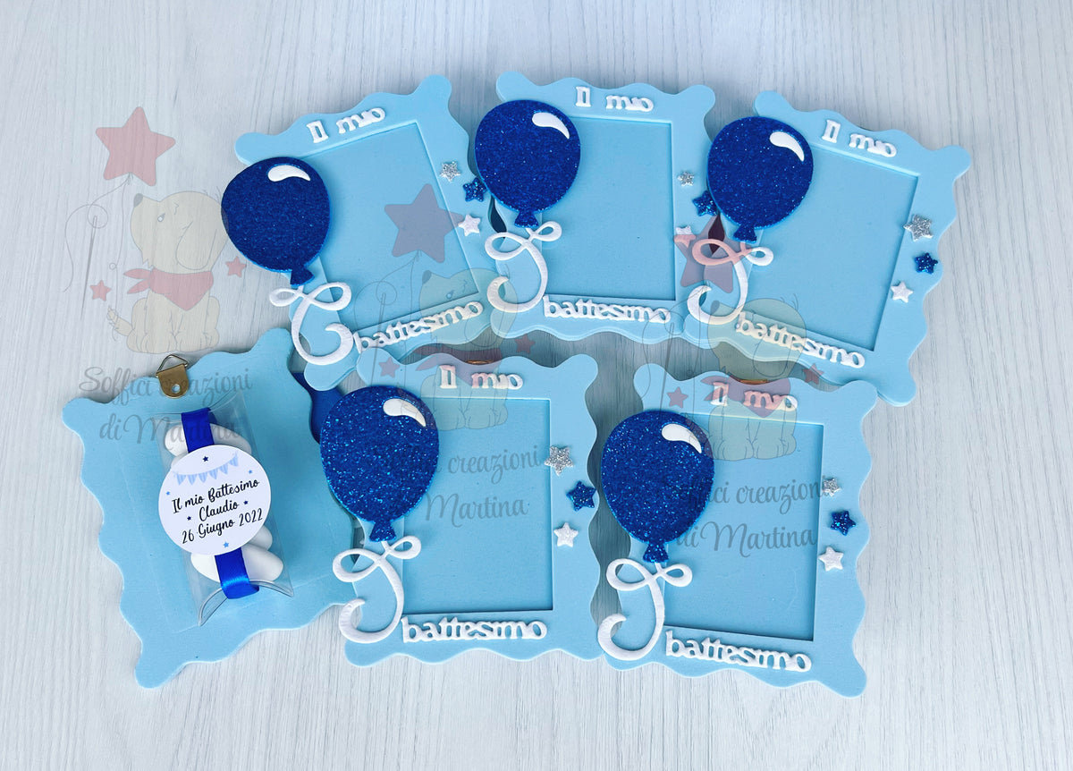 Cornice porta foto in feltro blu con decorazione palloncino