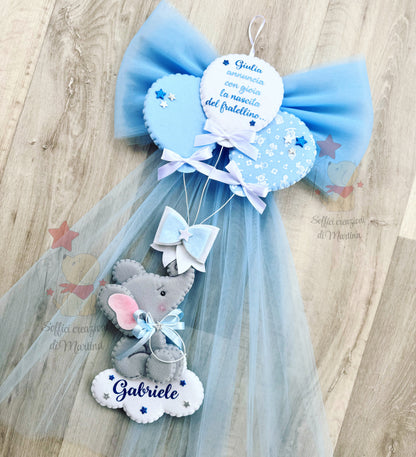 Fiocco nascita elefantino con palloncini
