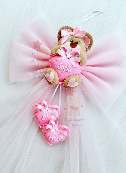 Teddy bear birth bow with little heart