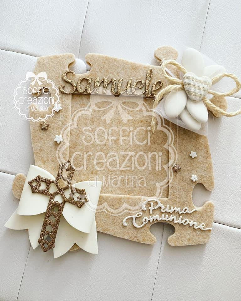 Bomboniera comunione portafoto a forma di puzzle beige 