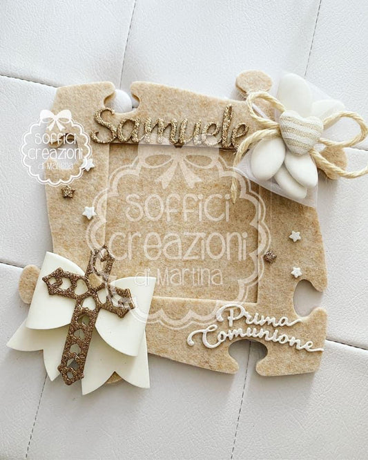 Bomboniera comunione portafoto a forma di puzzle beige 