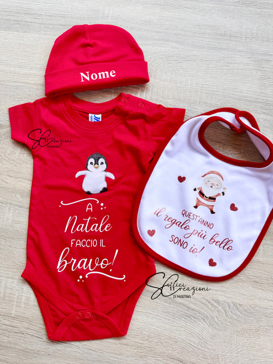 Set body bavaglino e cappellino natalizio