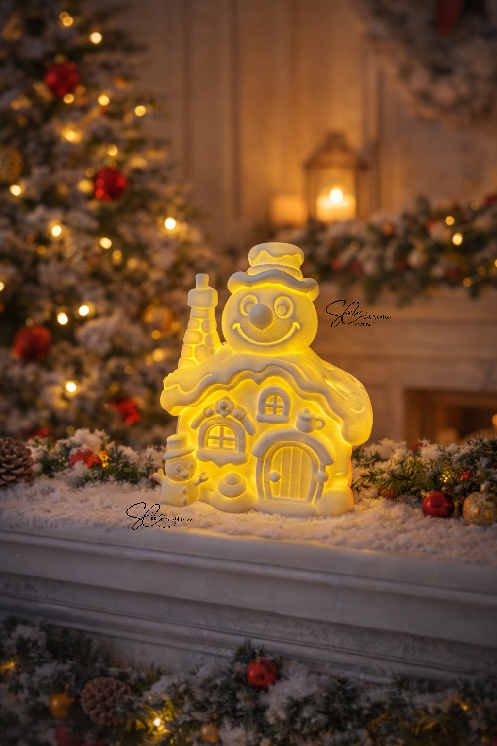 Casetta Natalizia Luminosa con Pupazzo di Neve – Decorazione Invernale