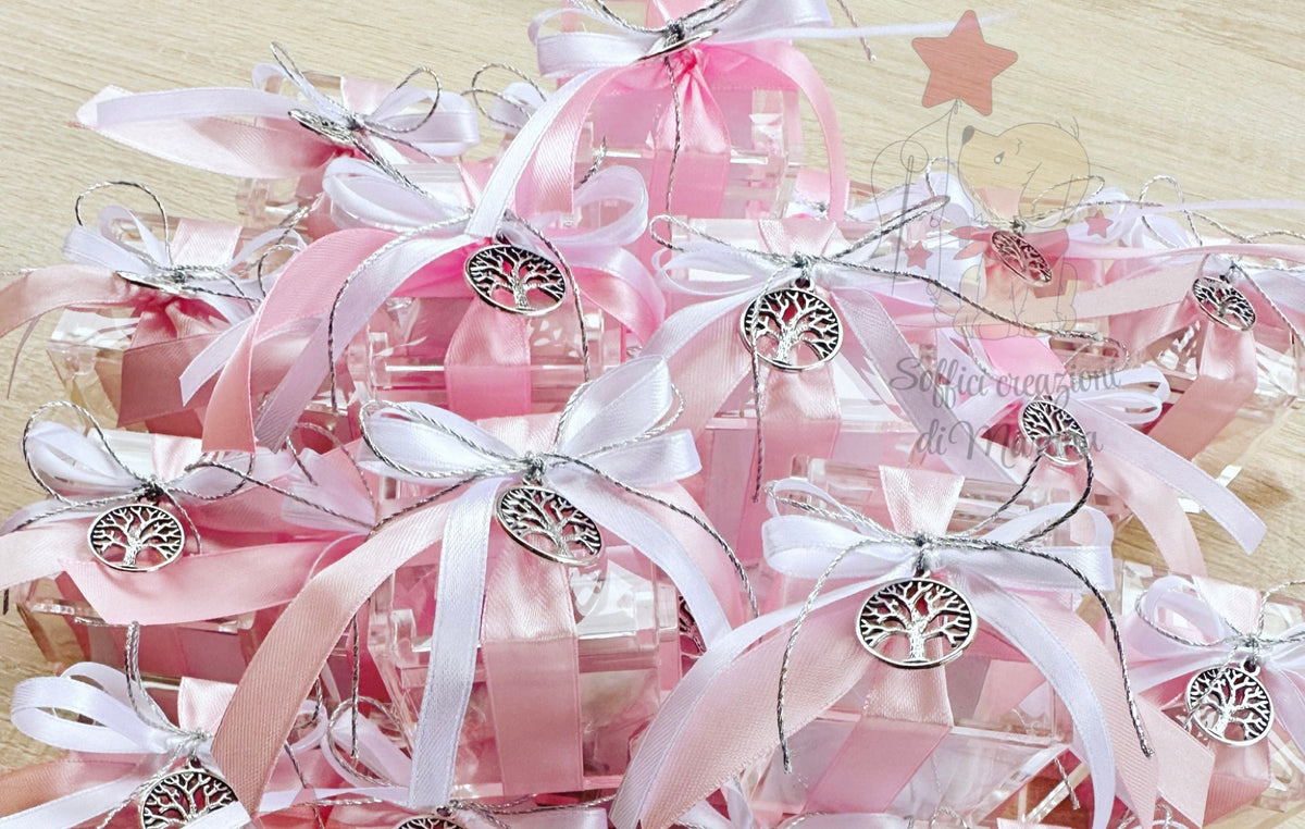 Scatola plexiglass con confetti con ciondolo albero della vita per battesimo